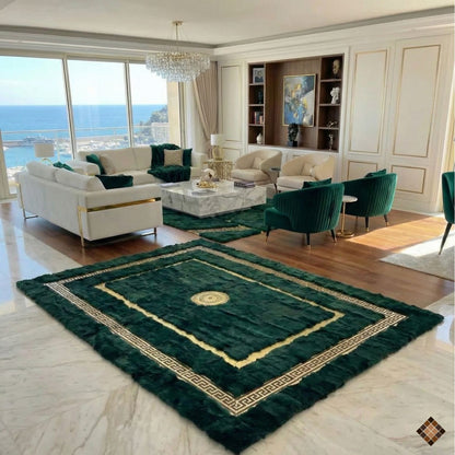 Handmade Deep Green Rabbit Fur Area Rug with Gold Border