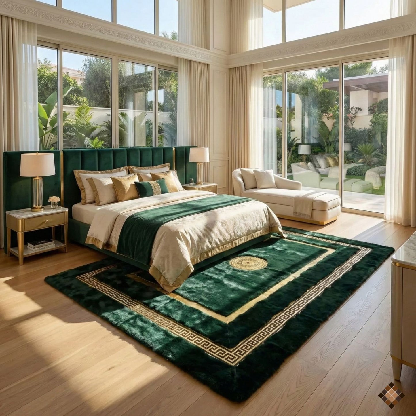 Handmade Deep Green Rabbit Fur Area Rug with Gold Border