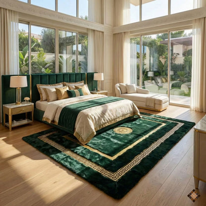 Handmade Deep Green Rabbit Fur Area Rug with Gold Border