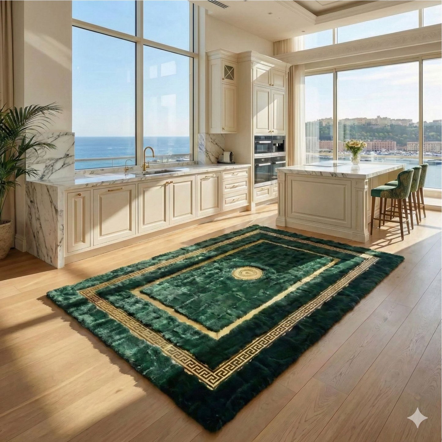 Handmade Deep Green Rabbit Fur Area Rug with Gold Border