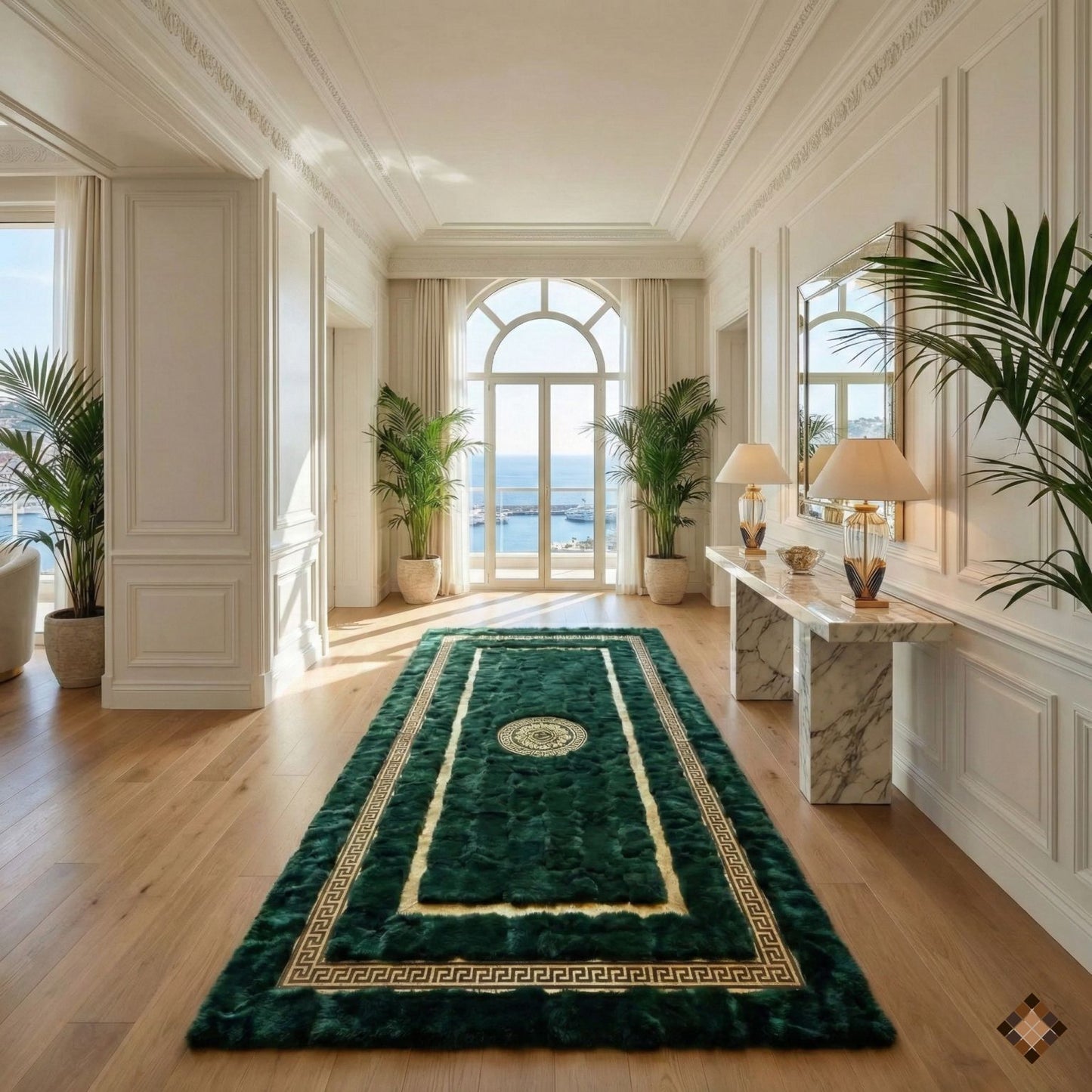 Handmade Deep Green Rabbit Fur Area Rug with Gold Border