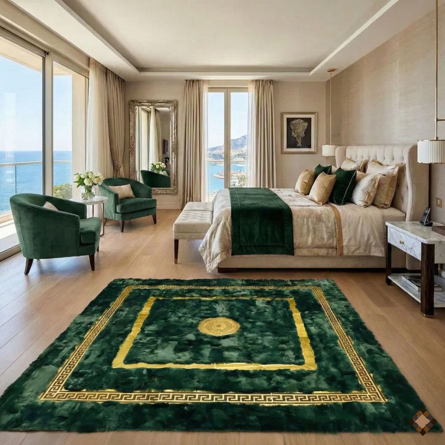 Handmade Deep Green Rabbit Fur Area Rug with Gold Border