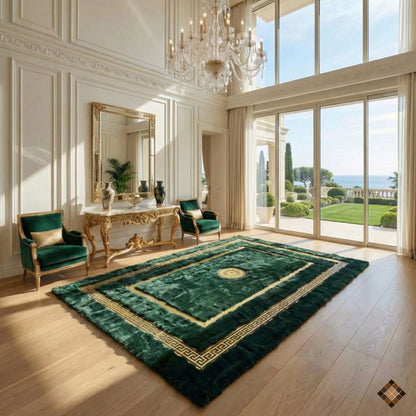 Handmade Deep Green Rabbit Fur Area Rug with Gold Border