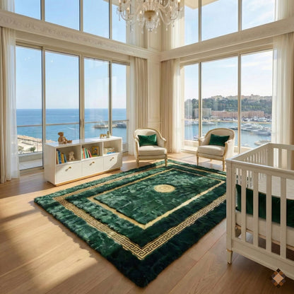 Handmade Deep Green Rabbit Fur Area Rug with Gold Border