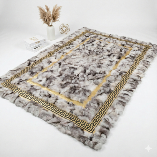 Luxury Handmade Fox Fur Rug | Gray Fox Fur with Gold Greek Key Border