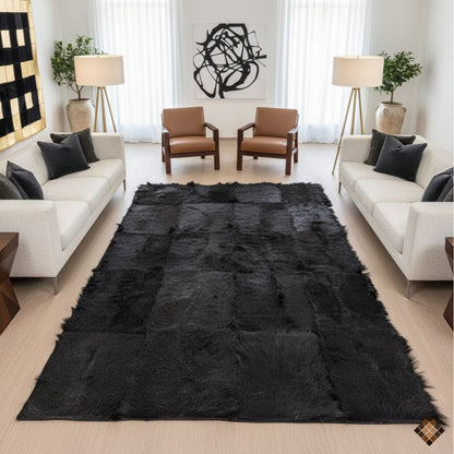 Handmade Genuine Black Goatskin Patchwork Rug