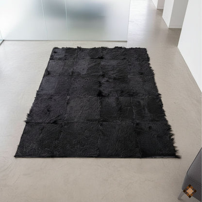 Handmade Genuine Black Goatskin Patchwork Rug