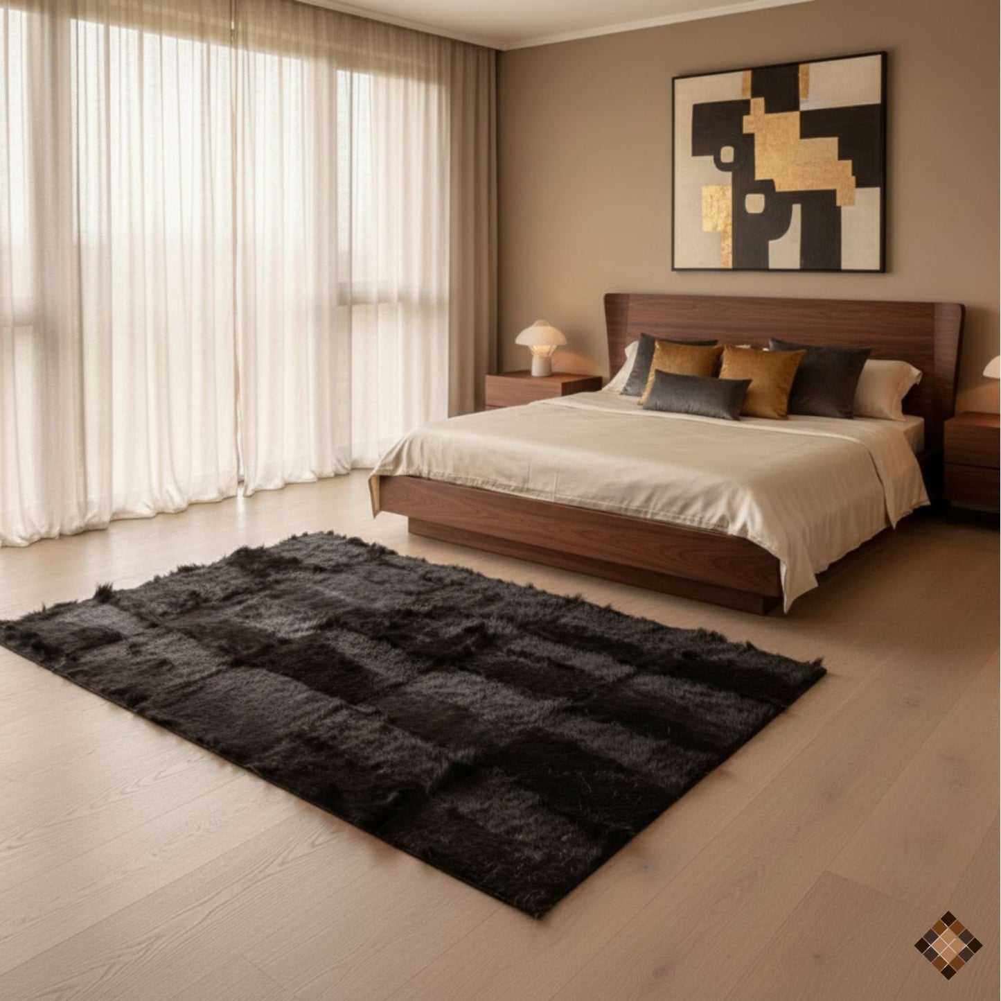 Handmade Genuine Black Goatskin Patchwork Rug