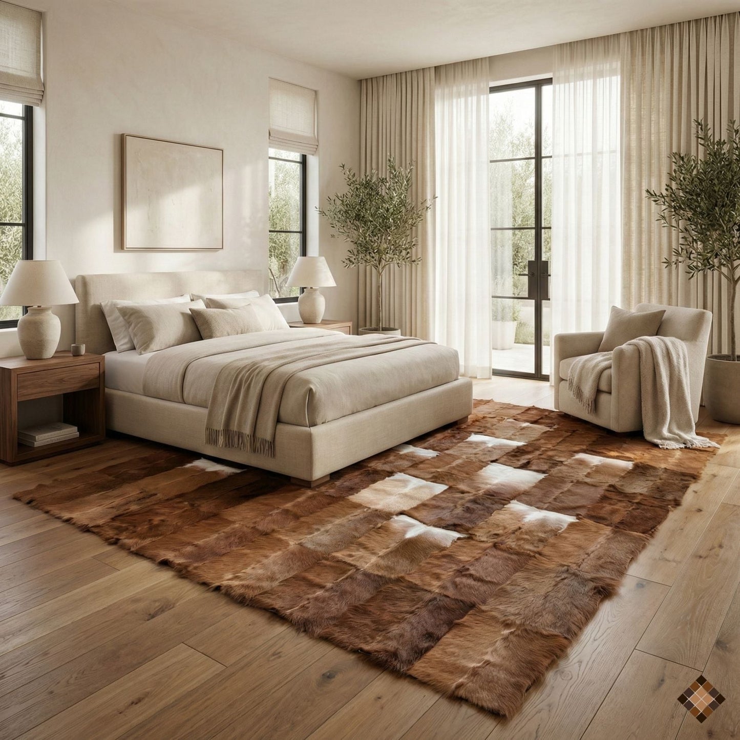 Handmade genuine brown goatskin patchwork area rug with natural texture and warm tones