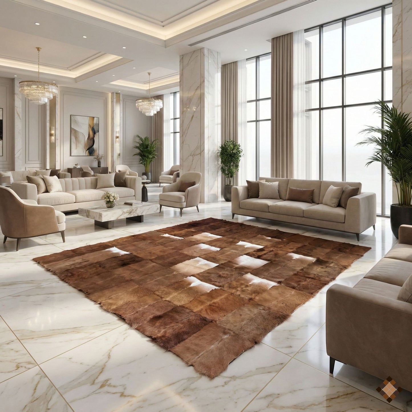 Handmade Genuine Brown Goatskin Patchwork Area Rug
