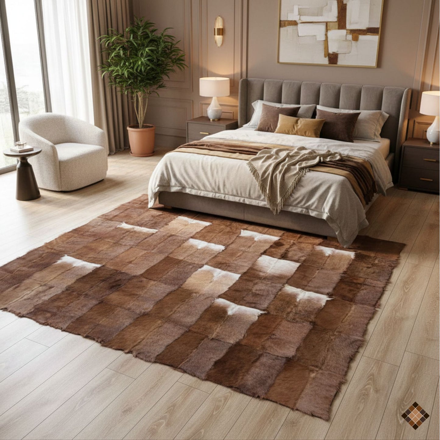 Handmade Genuine Brown Goatskin Patchwork Area Rug