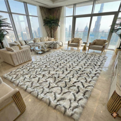 Handmade genuine fox fur area rug in ivory and beige tones displayed in a luxury interior, showcasing natural fur texture, soft volume, and premium craftsmanship.