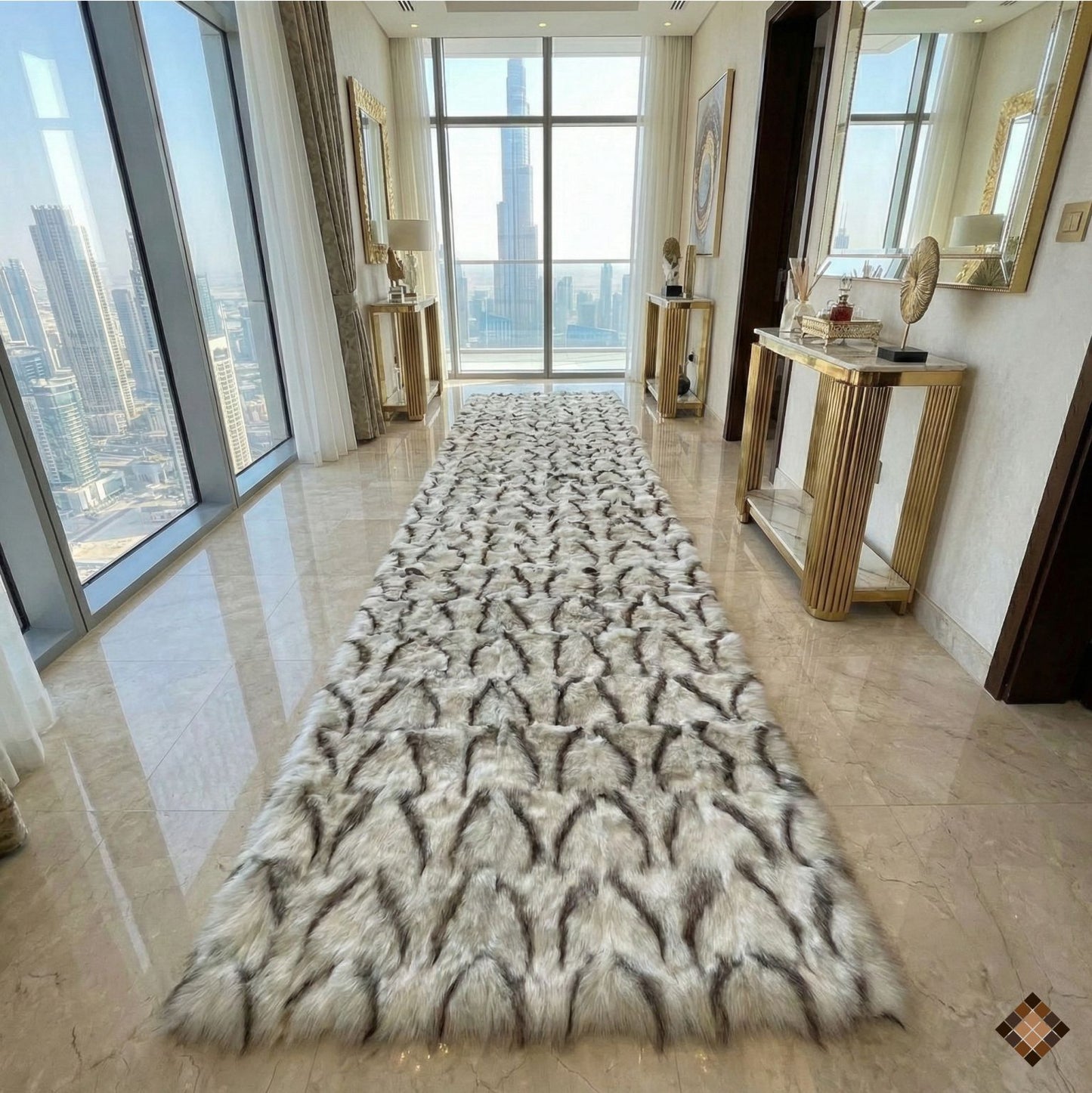 Luxury Handmade Ivory & Beige Fox Fur Area Rug