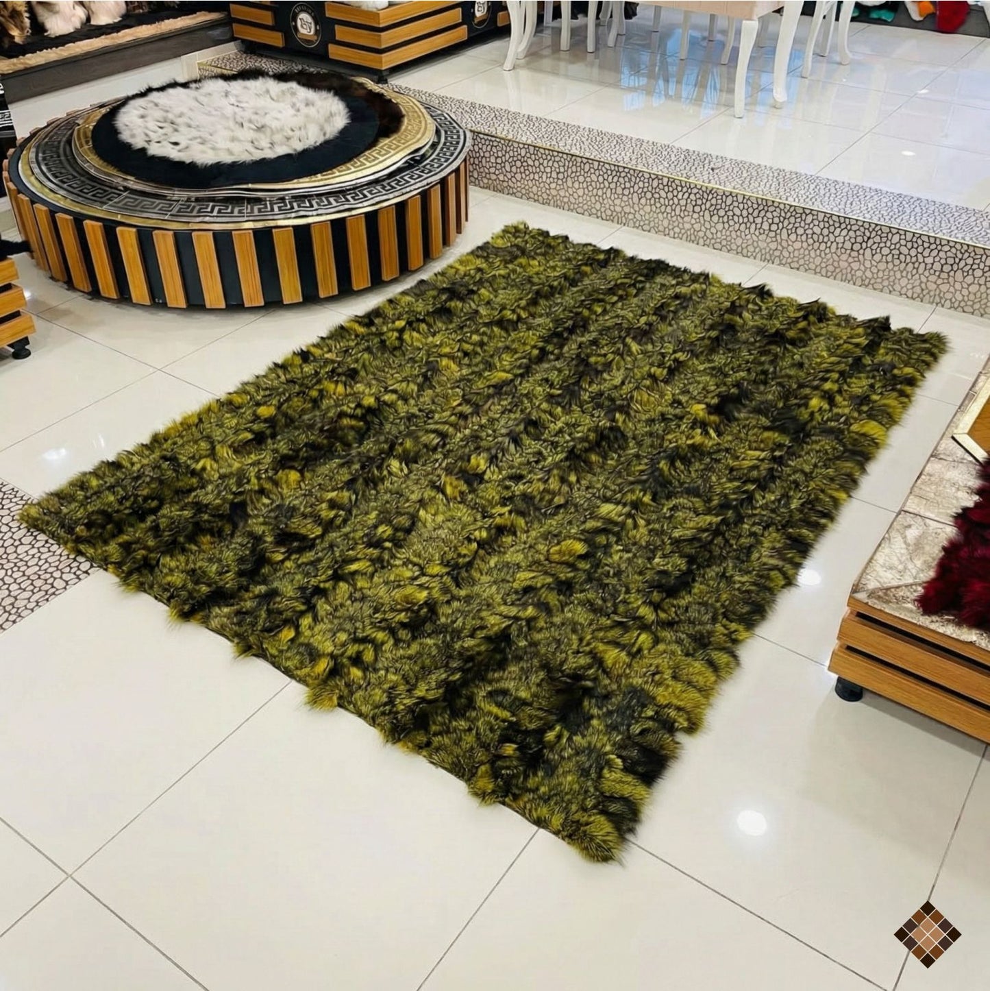 Olive & Charcoal Genuine Fox Fur Area Rug