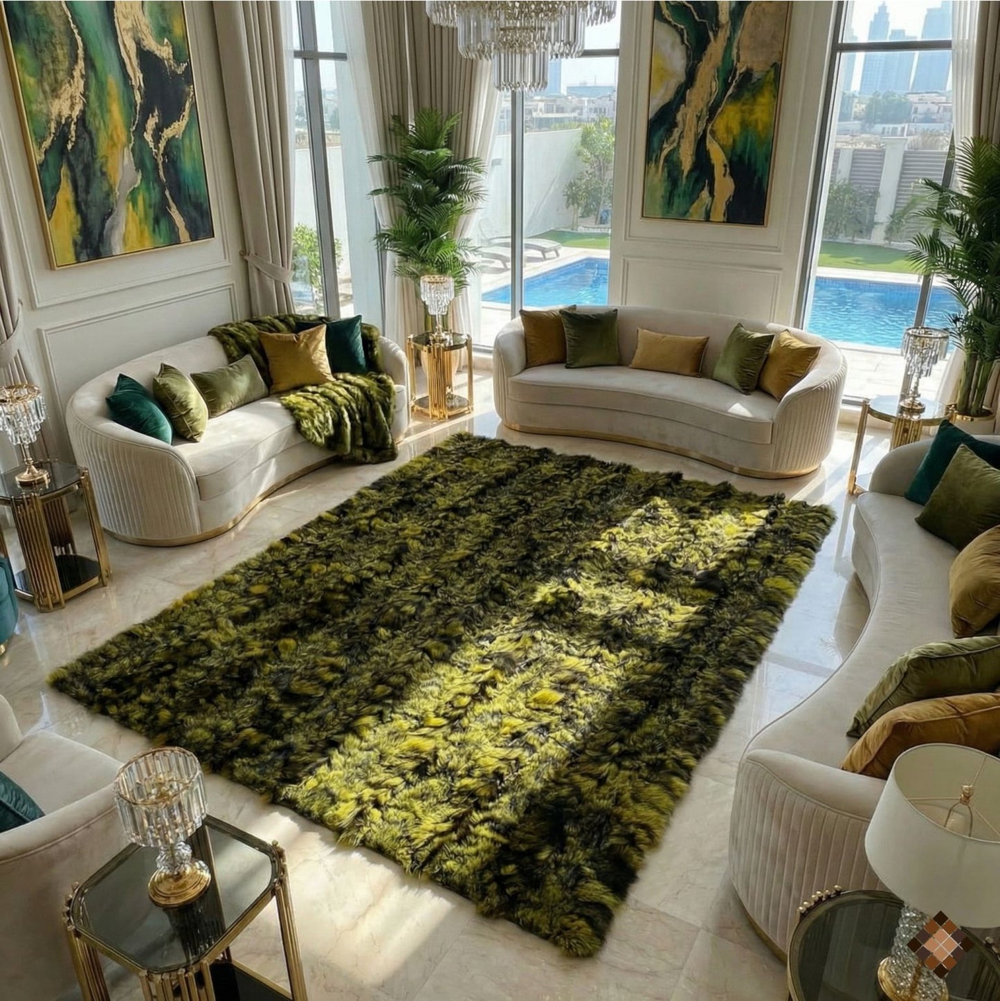 Olive & Charcoal Genuine Fox Fur Area Rug