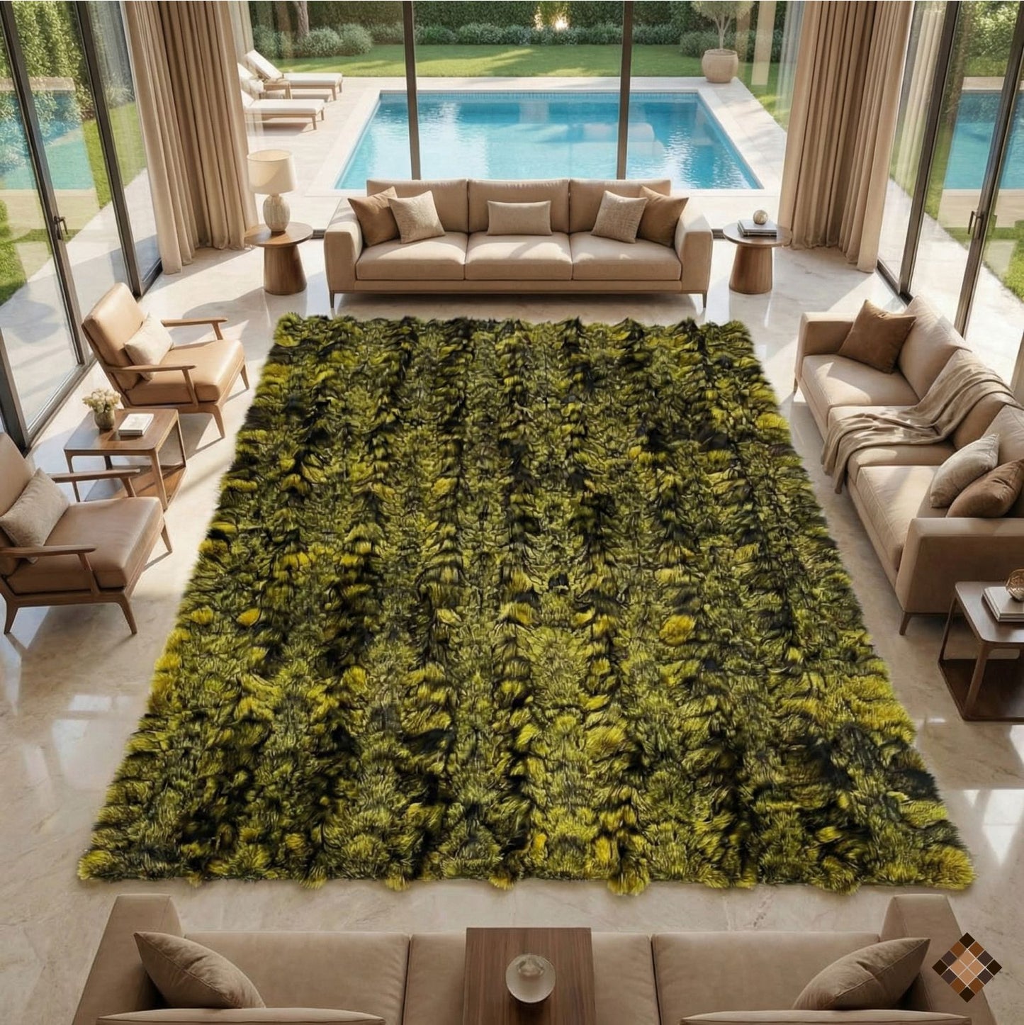 Olive & Charcoal Genuine Fox Fur Area Rug