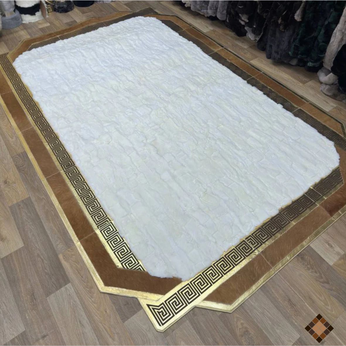 Handmade geniuen White Rabbit Fur Area Rug with Natural Cowhide Border