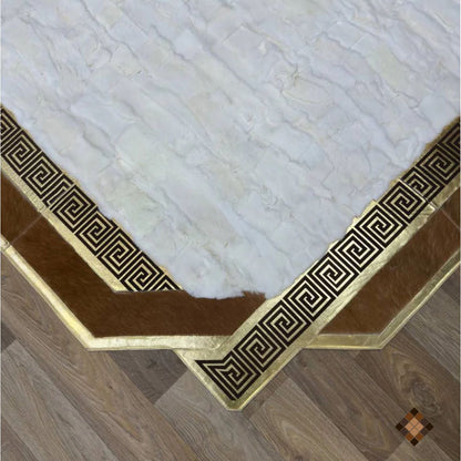 Handmade geniuen White Rabbit Fur Area Rug with Natural Cowhide Border