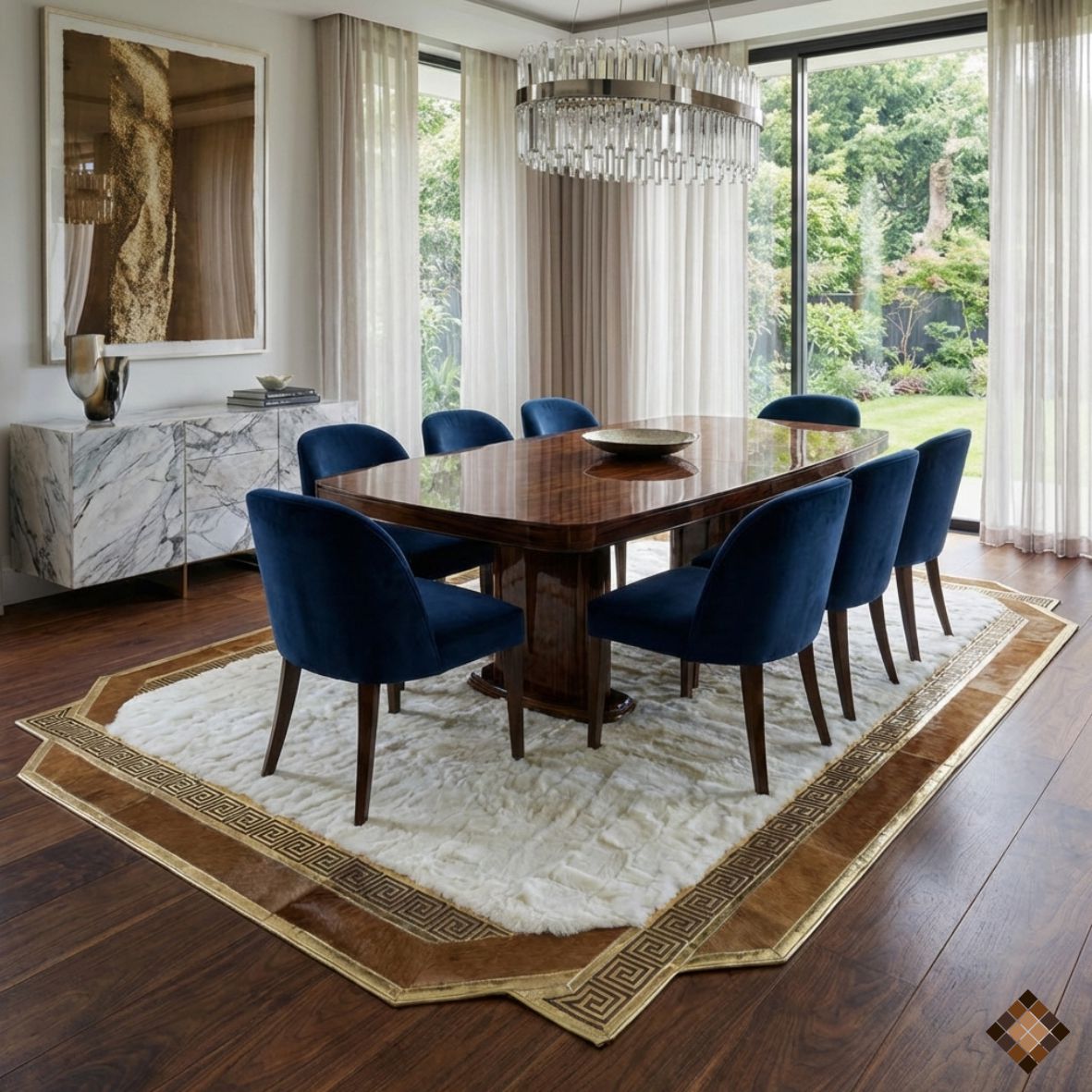 Handmade geniuen White Rabbit Fur Area Rug with Natural Cowhide Border