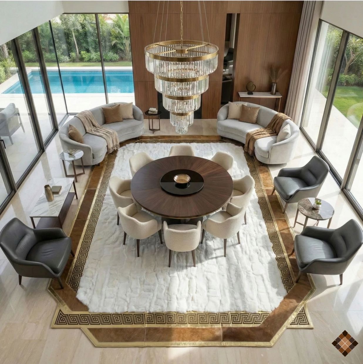 Handmade geniuen White Rabbit Fur Area Rug with Natural Cowhide Border
