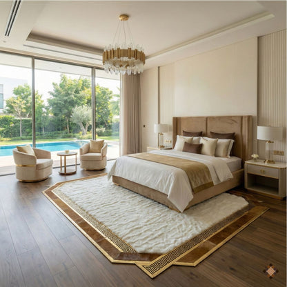 Handmade geniuen White Rabbit Fur Area Rug with Natural Cowhide Border