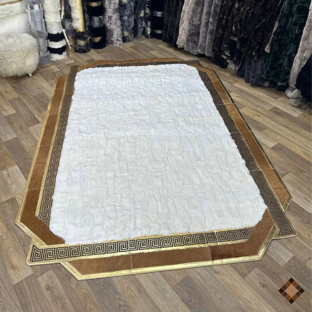Handmade geniuen White Rabbit Fur Area Rug with Natural Cowhide Border