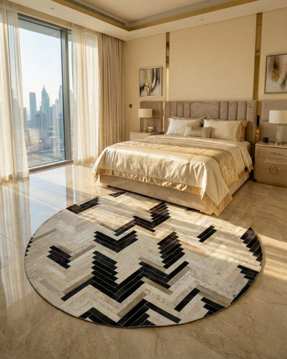 Handmade geometric round cowhide patchwork rug in black and white in a modern bedroom setting