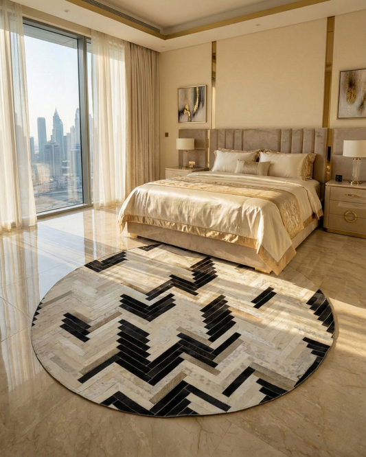 Handmade geometric round cowhide patchwork rug in black and white in a modern bedroom setting