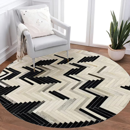 Handmade Geometric Round Cowhide Patchwork Rug, Black White Large Cowskin Patchwork Rug for Home Decor, Non Slip Round Rug