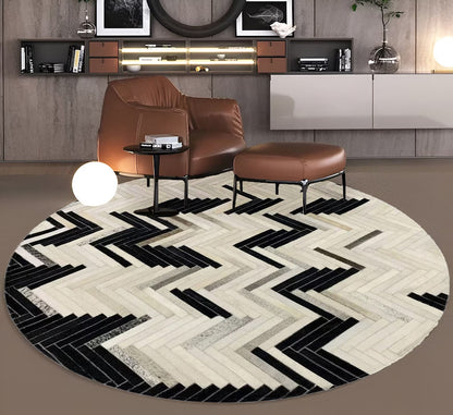 Handmade Geometric Round Cowhide Patchwork Rug, Black White Large Cowskin Patchwork Rug for Home Decor, Non Slip Round Rug