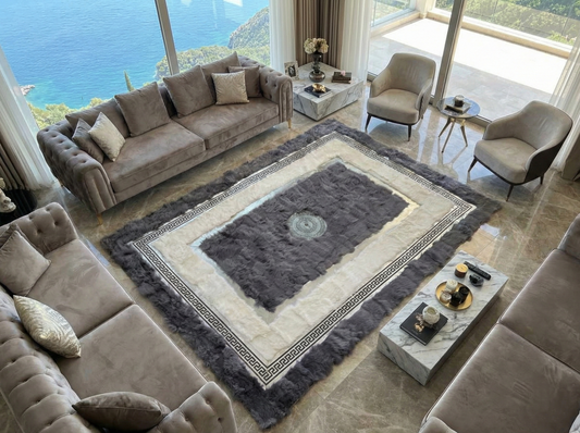 Sheepskin gray and beige rug in modern living room with neutral-toned furniture and marble coffee table