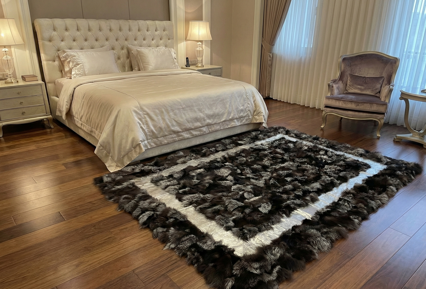 Luxury Handmade Black & Ivory Fox Fur Area Rug