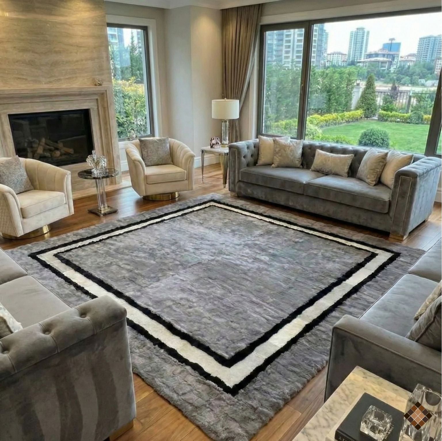 Handmade Gray Rabbit Fur Area Rug with Black & White Border