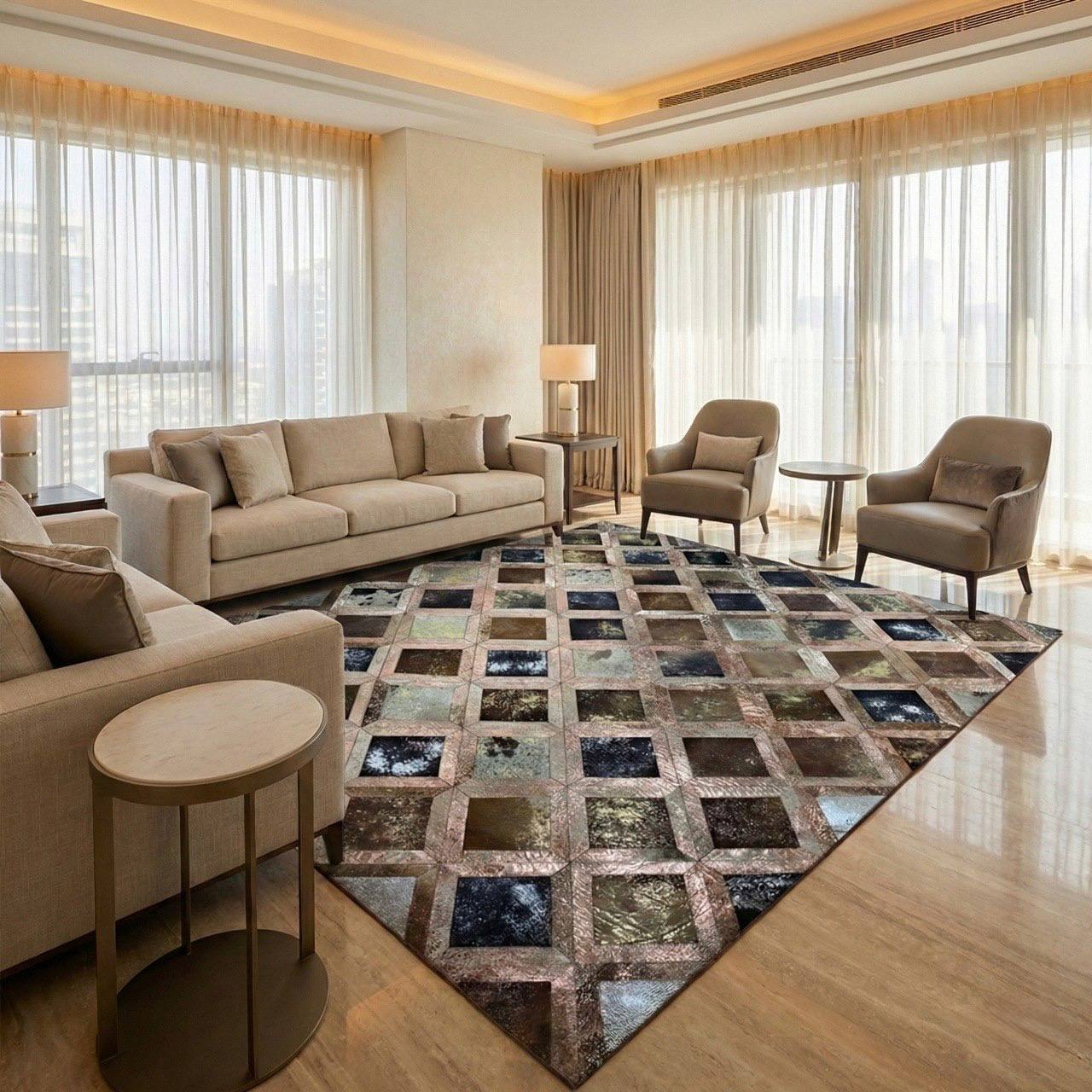 Handmade Natural Leather Cowhide Patchwork Area Rug for Décor Non Slip Handmade Carpet