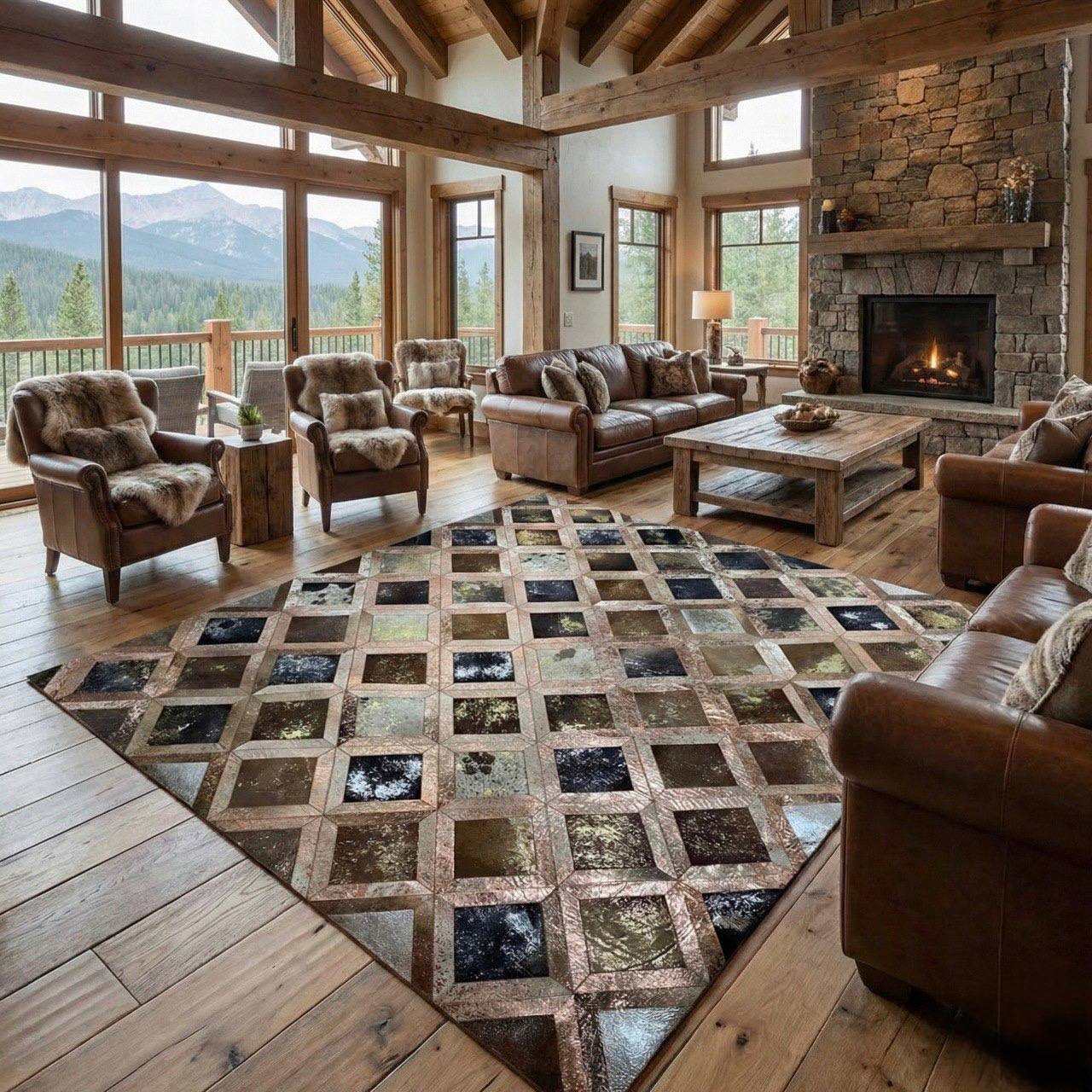 Handmade Natural Leather Cowhide Patchwork Area Rug for Décor Non Slip Handmade Carpet