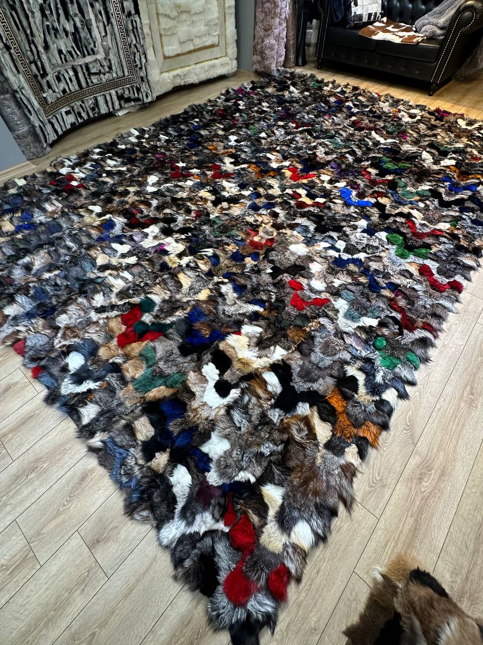 Handmade Natural Multicolor Genuine Fluffy Fox Fur Area 8 x 10 Rug for Child Room