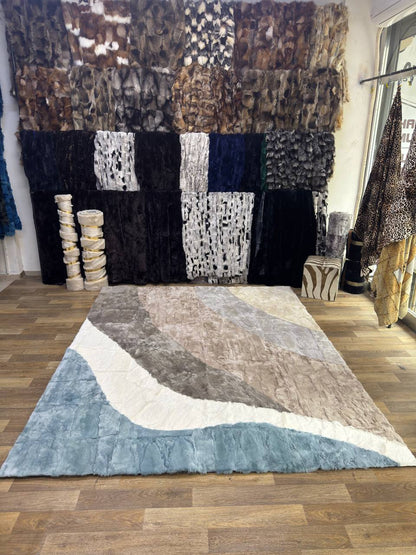 Handmade Rabbit Fur Rug | Red Black Patchwork Rug | Genuine Rabbit Pelt | Soft Fluffy Shaggy Rug