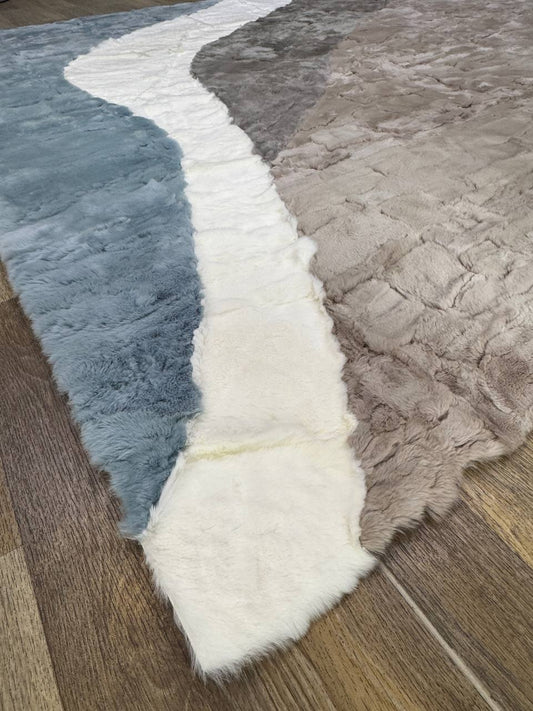 Handmade Rabbit Fur Rug | Red Black Patchwork Rug | Genuine Rabbit Pelt | Soft Fluffy Shaggy Rug