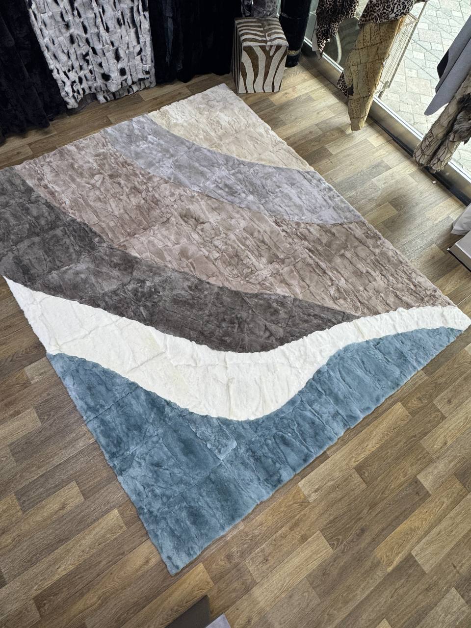 Handmade Rabbit Fur Rug | Red Black Patchwork Rug | Genuine Rabbit Pelt | Soft Fluffy Shaggy Rug