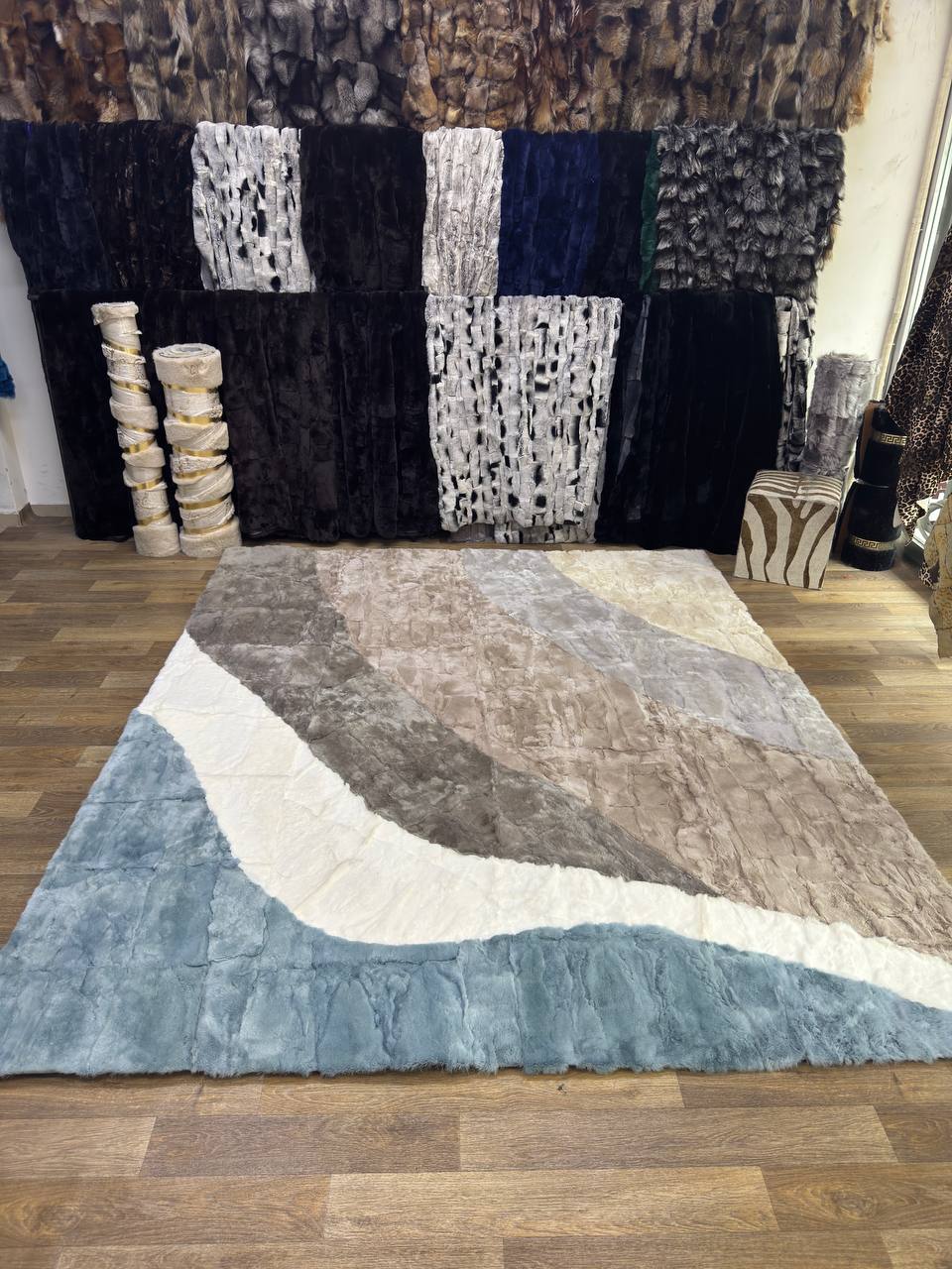 Handmade Rabbit Fur Rug | Red Black Patchwork Rug | Genuine Rabbit Pelt | Soft Fluffy Shaggy Rug