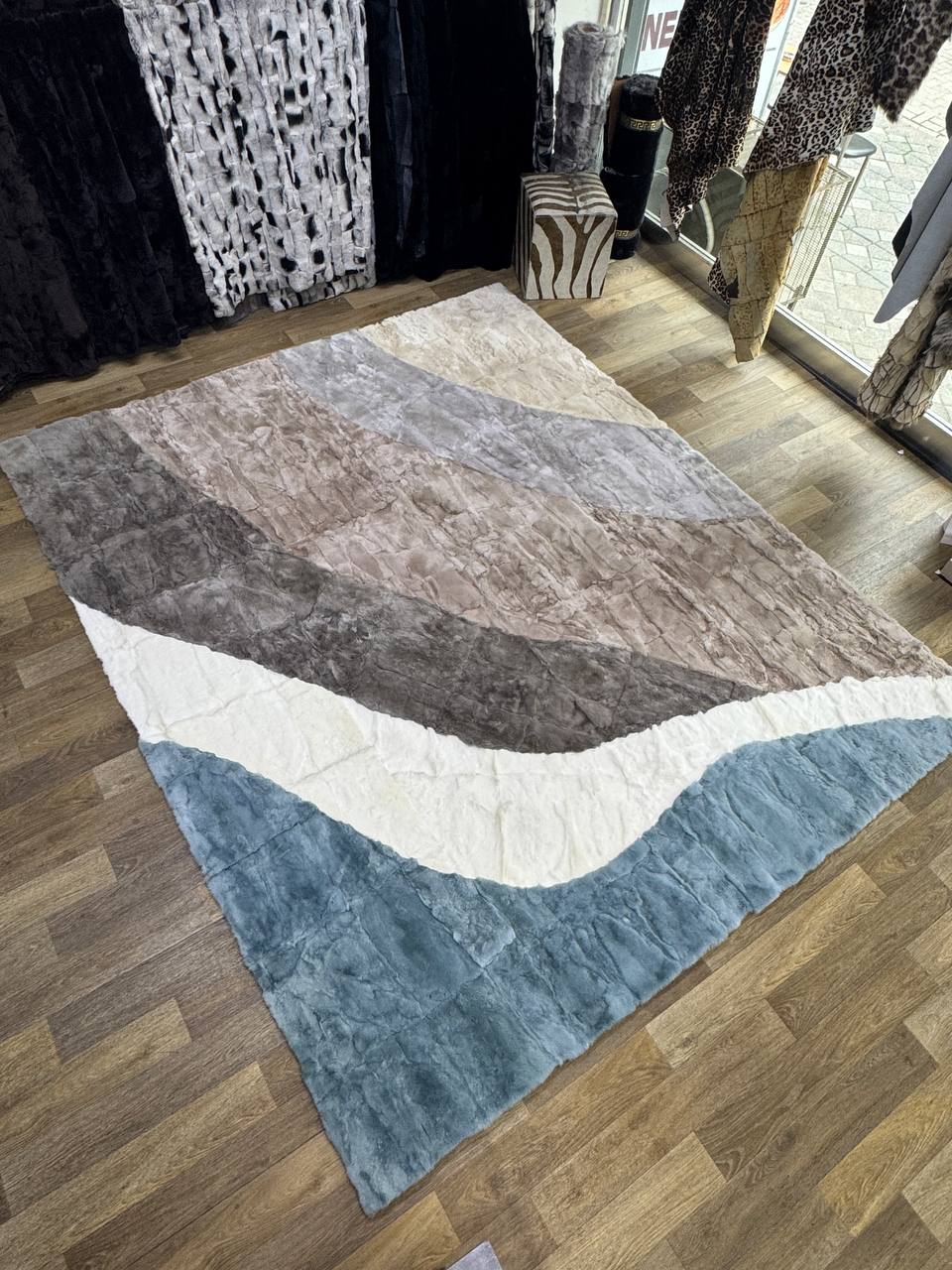 Handmade Rabbit Fur Rug | Red Black Patchwork Rug | Genuine Rabbit Pelt | Soft Fluffy Shaggy Rug