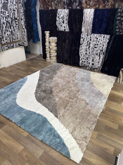 Handmade Rabbit Fur Rug | Red Black Patchwork Rug | Genuine Rabbit Pelt | Soft Fluffy Shaggy Rug