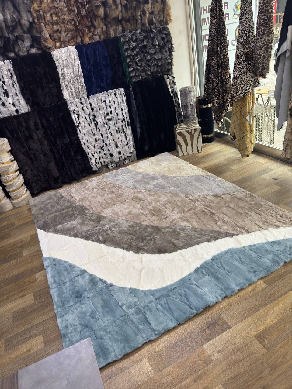 Handmade Rabbit Fur Rug | Red Black Patchwork Rug | Genuine Rabbit Pelt | Soft Fluffy Shaggy Rug