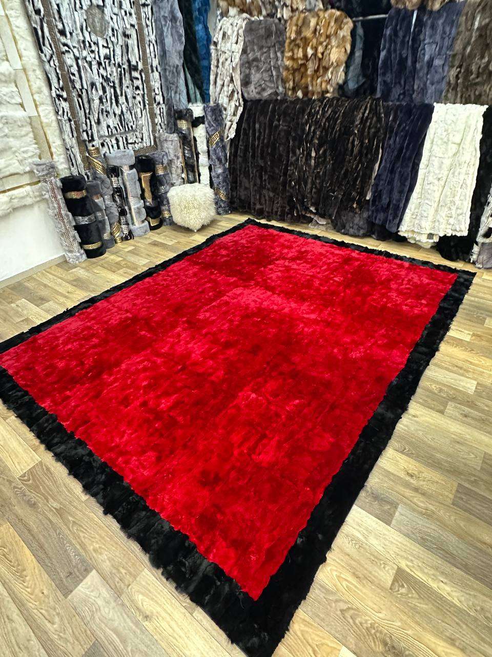 Handmade Red & Black Natural Soft Rabbit Fur Rug - Luxurious & Elegant