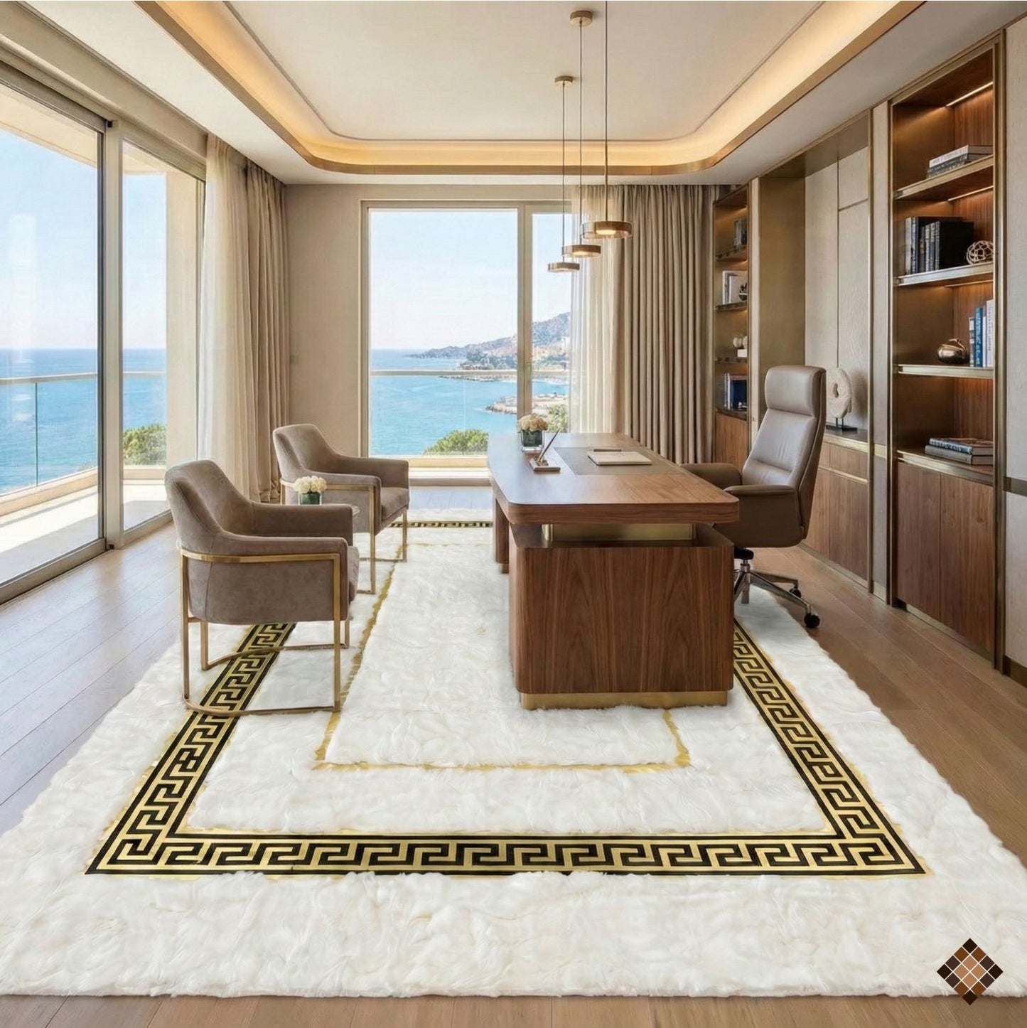 Handmade White Rabbit Fur Area Rug with Gold Greek Key Border