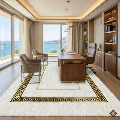 Handmade White Rabbit Fur Area Rug with Gold Greek Key Border