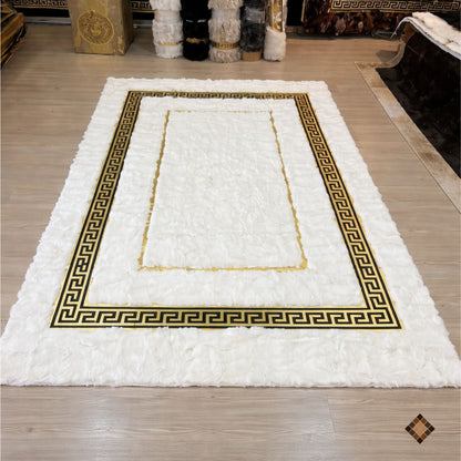 Handmade White Rabbit Fur Area Rug with Gold Greek Key Border