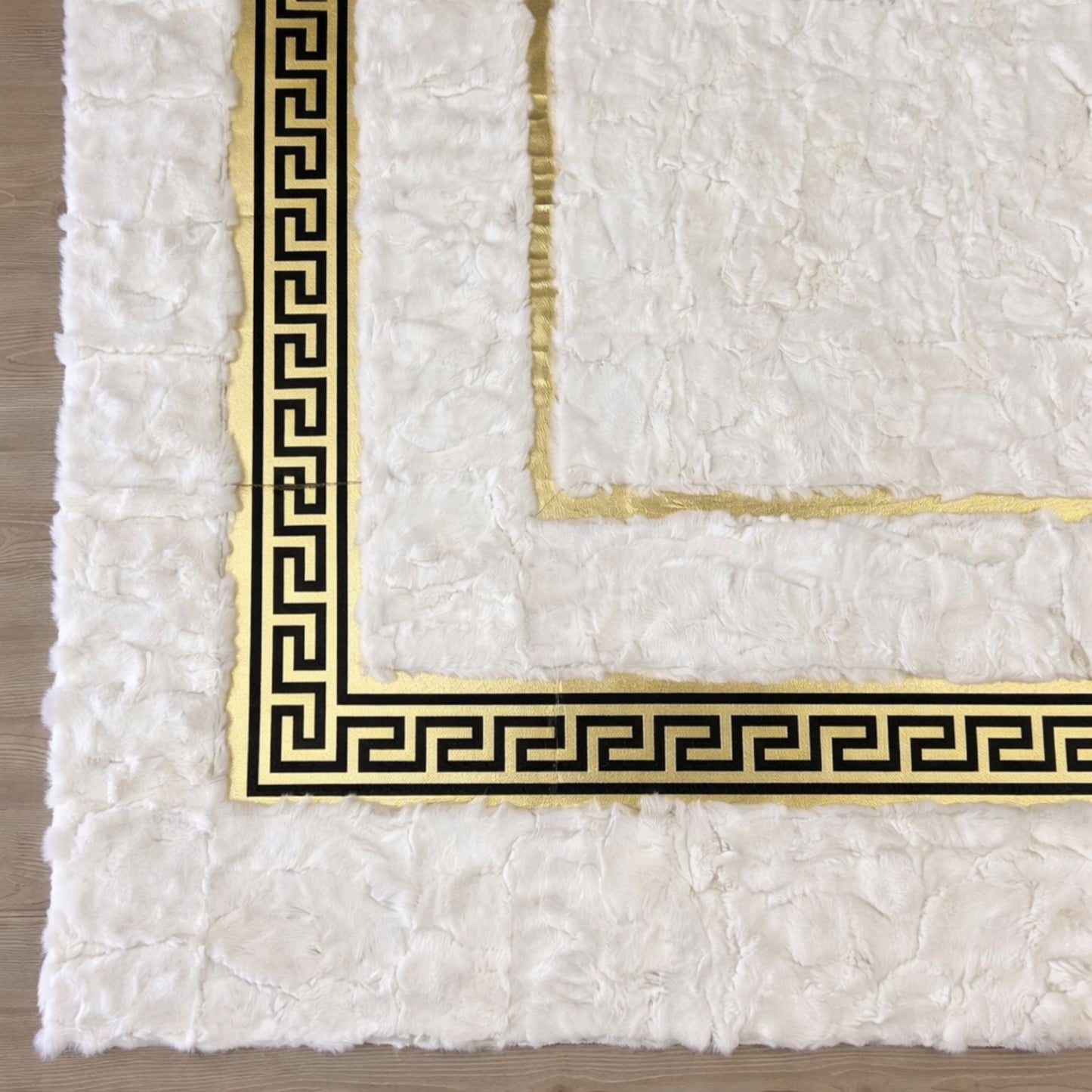 Handmade White Rabbit Fur Area Rug with Gold Greek Key Border