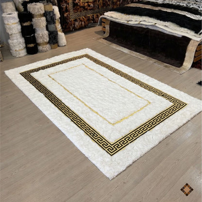 Handmade White Rabbit Fur Area Rug with Gold Greek Key Border