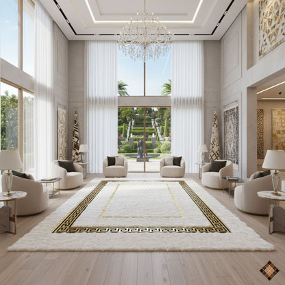 Handmade White Rabbit Fur Area Rug with Gold Greek Key Border